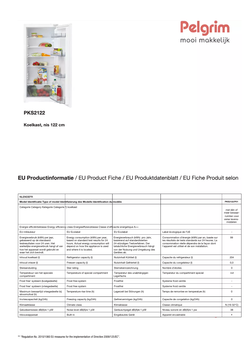 Página 1 del manual Ficha técnica Pelgrim PKS2122