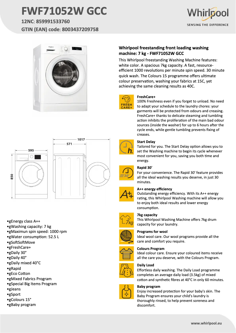 Page 1 de la notice Fiche technique Whirlpool FWF71052W