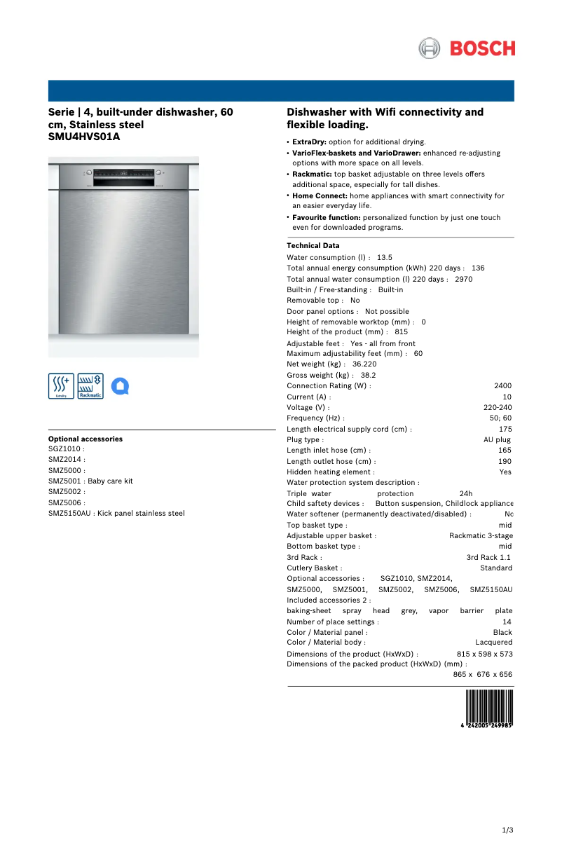 Page 1 de la notice Fiche technique Bosch SMU4HVS01A