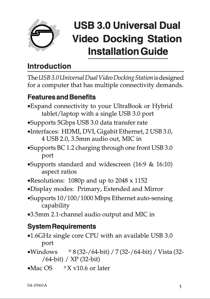 Page 1 of the manual User Manual Siig JU-DK0211-S1