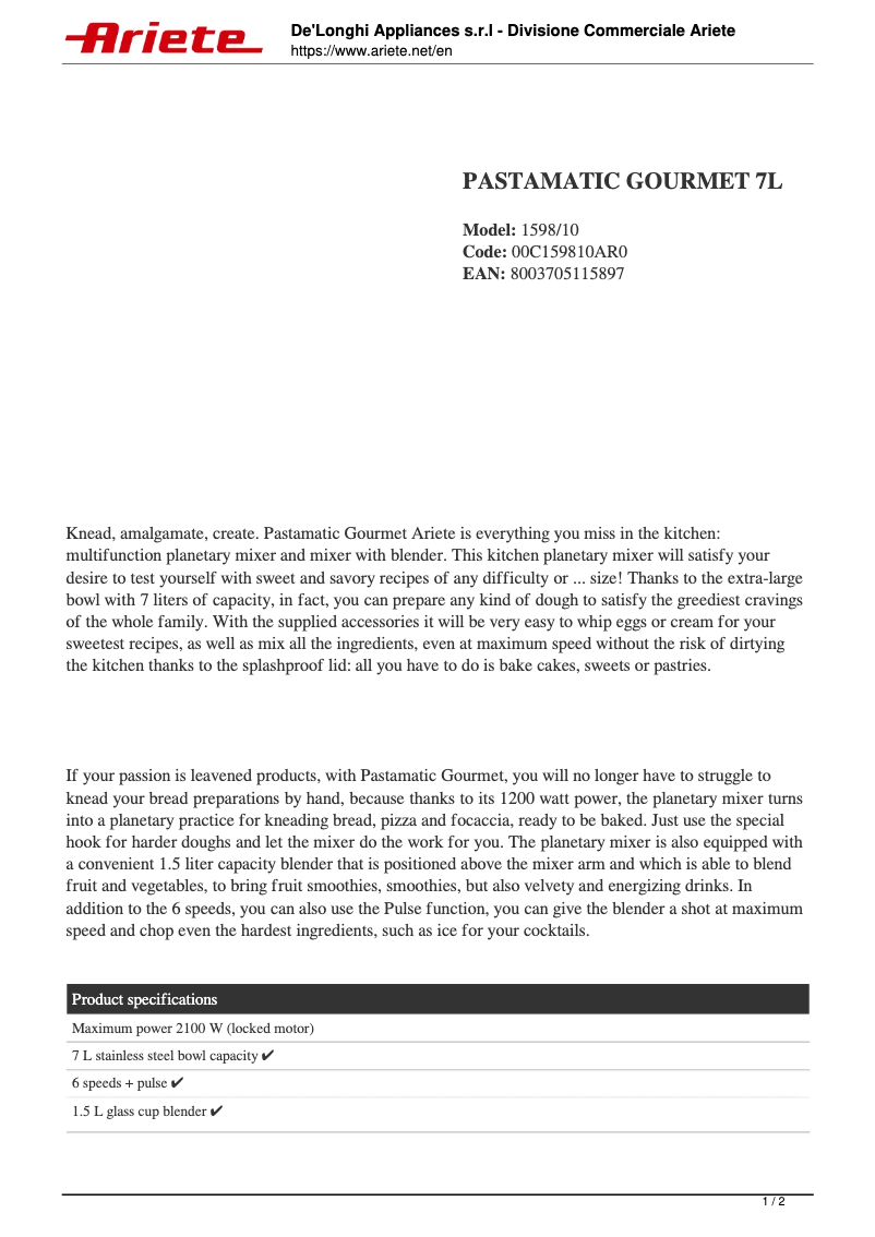 Page n°1 - Fiche technique Ariete Pastamatic Gourmet 7L 1598