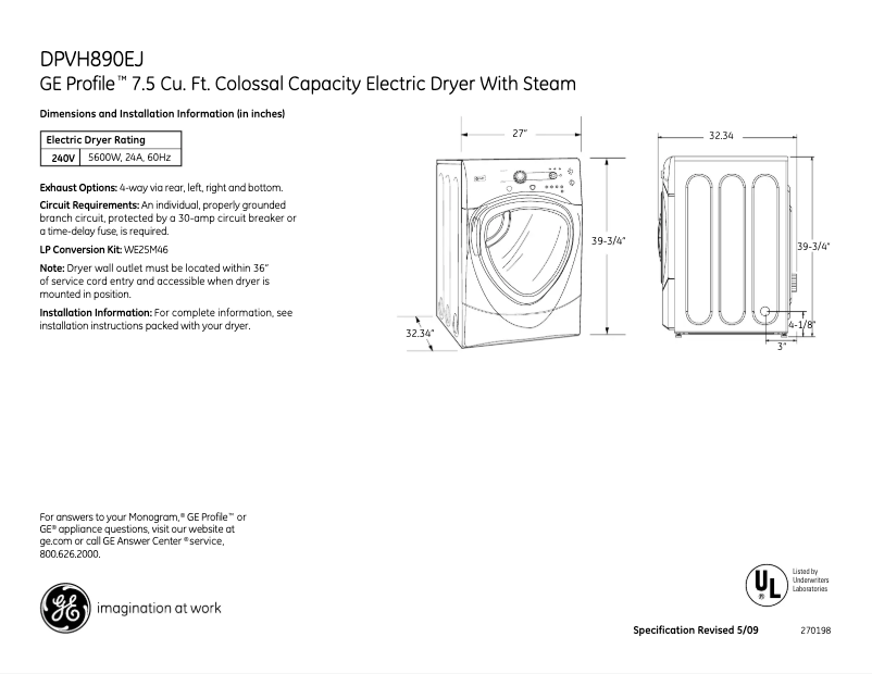 Page 1 de la notice Fiche technique GE Profile DPVH890EJMV
