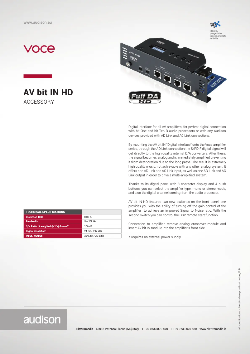 Page n°1 - Manuel utilisateur Audison Voce AV Bit IN HD