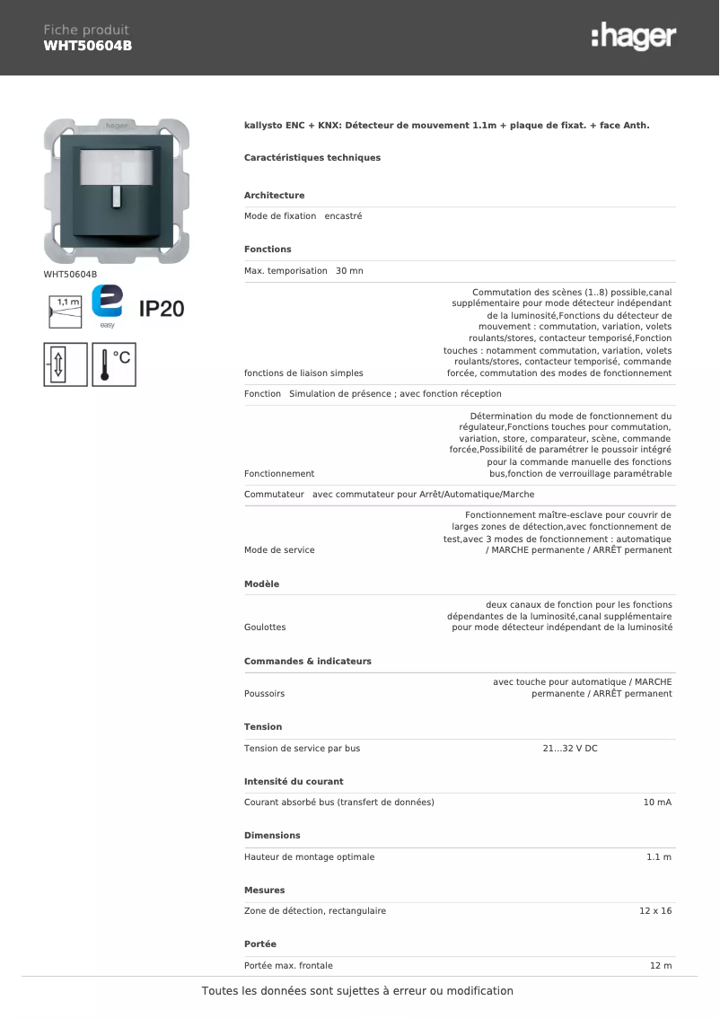 Page n°1 - Fiche technique Hager WHT50604B