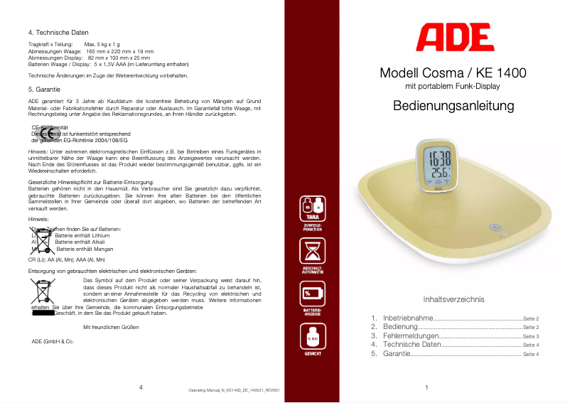 Image de la première page du manuel de l'appareil Cosma KE 1400