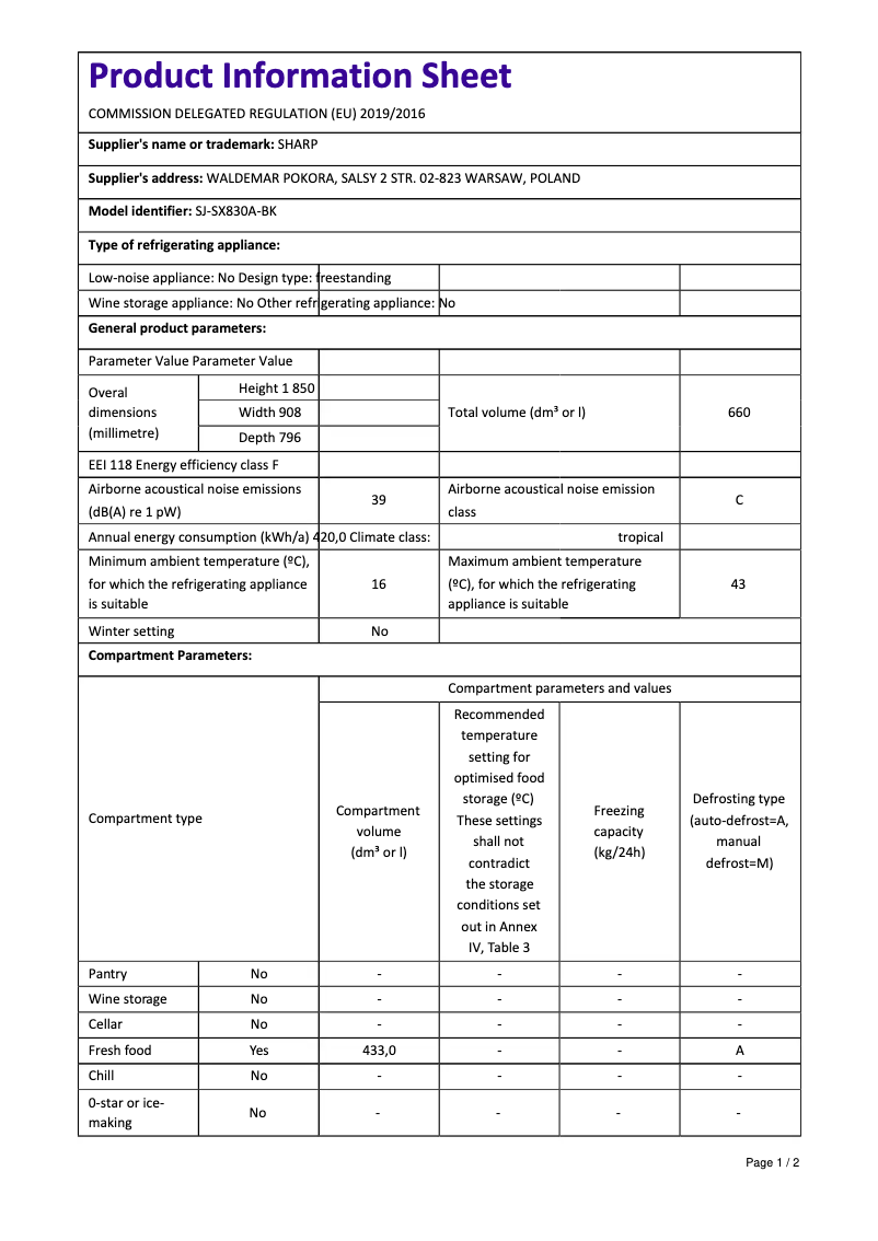 Page n°1 - Manuel utilisateur Sharp SJ-SX830A-BK