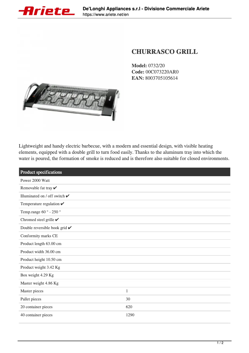 Page n°1 - Fiche technique Ariete Churrasco Grill 732
