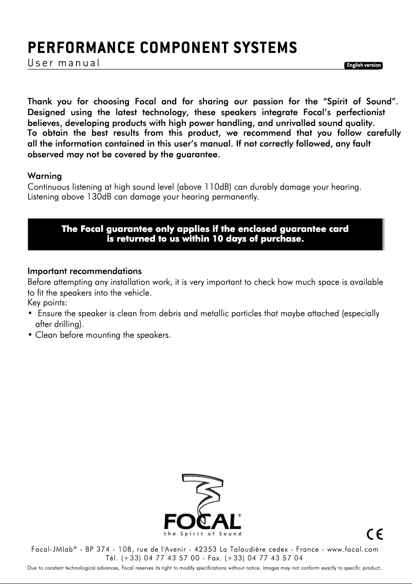 Page 1 de la notice Manuel utilisateur Focal Performance P165V30