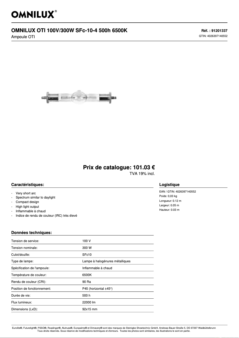 Page 1 de la notice Fiche technique Omnilux OTI 100V