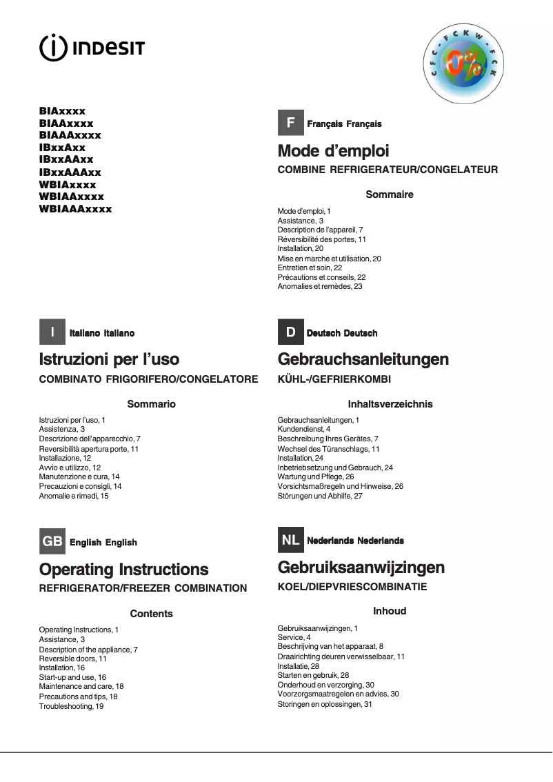 Page 1 de la notice Manuel utilisateur Indesit BIAA 13X