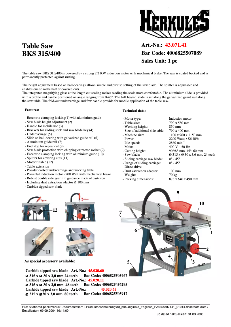 Image de la première page du manuel de l'appareil BKS 315/400