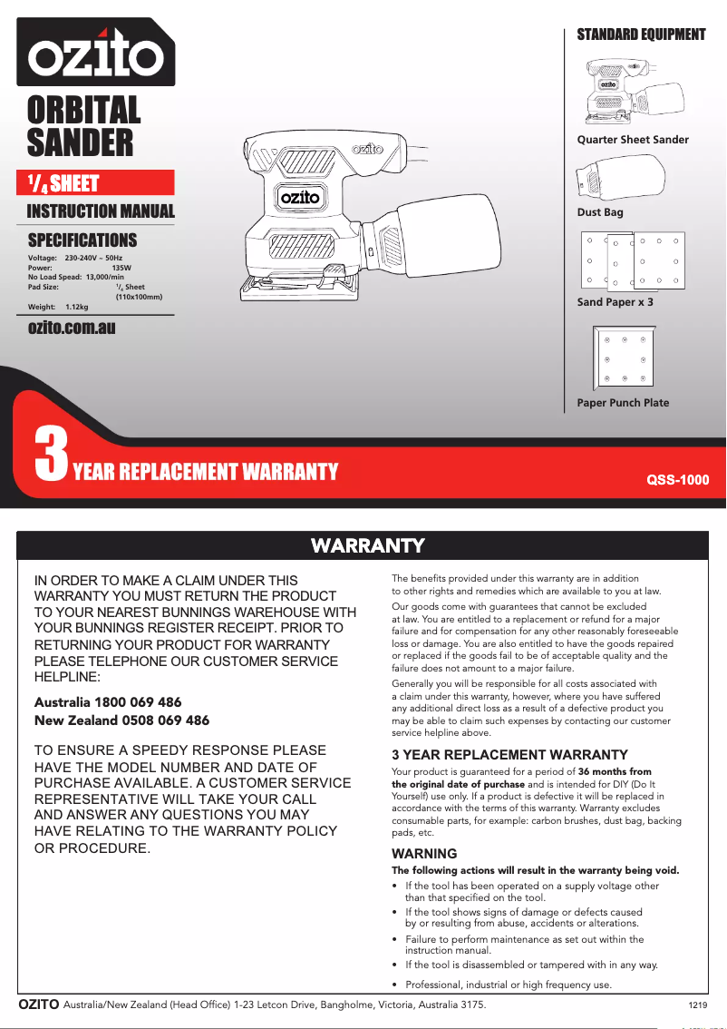 Page 1 de la notice Manuel utilisateur Ozito QSS-1000