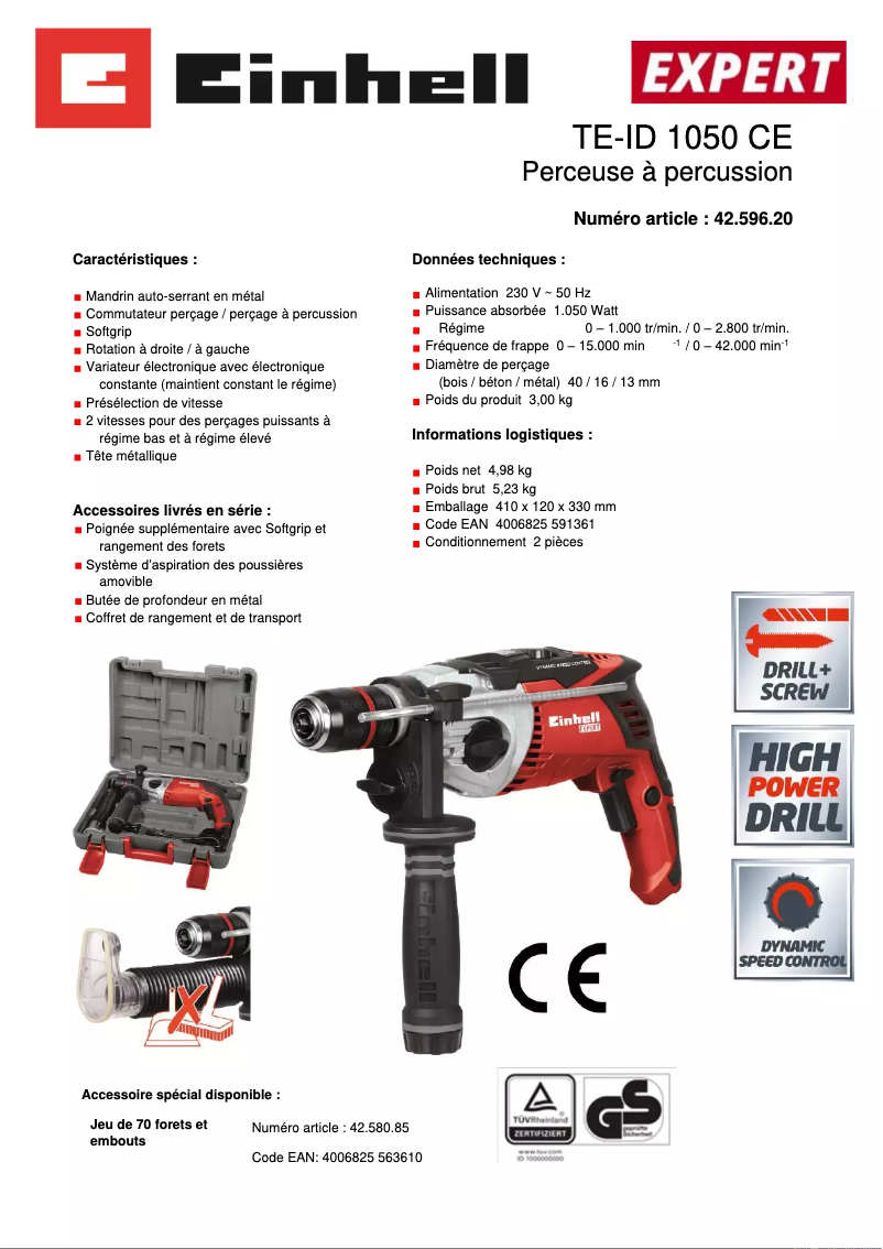 Page 1 de la notice Fiche technique Einhell TE-ID 1050 CE