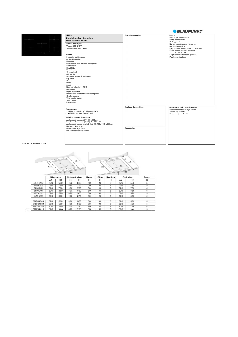 Page 1 de la notice Fiche technique Blaupunkt 5II94291
