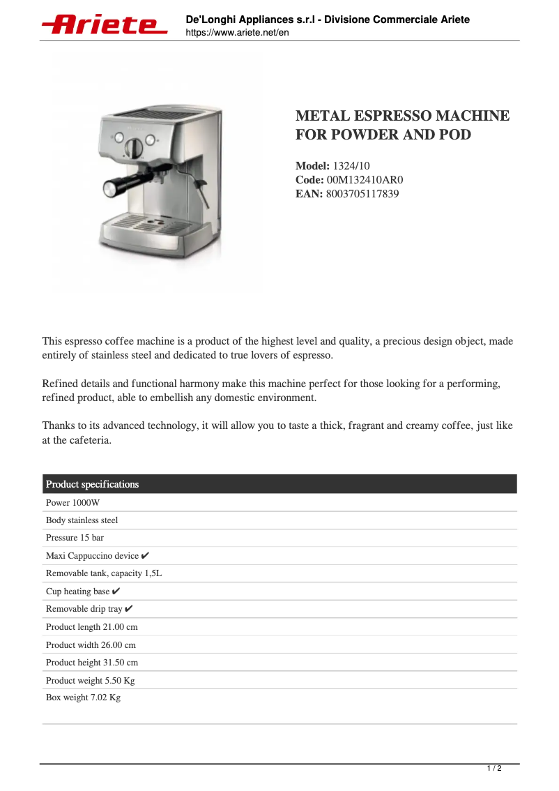 Page 1 de la notice Fiche technique Ariete 1324