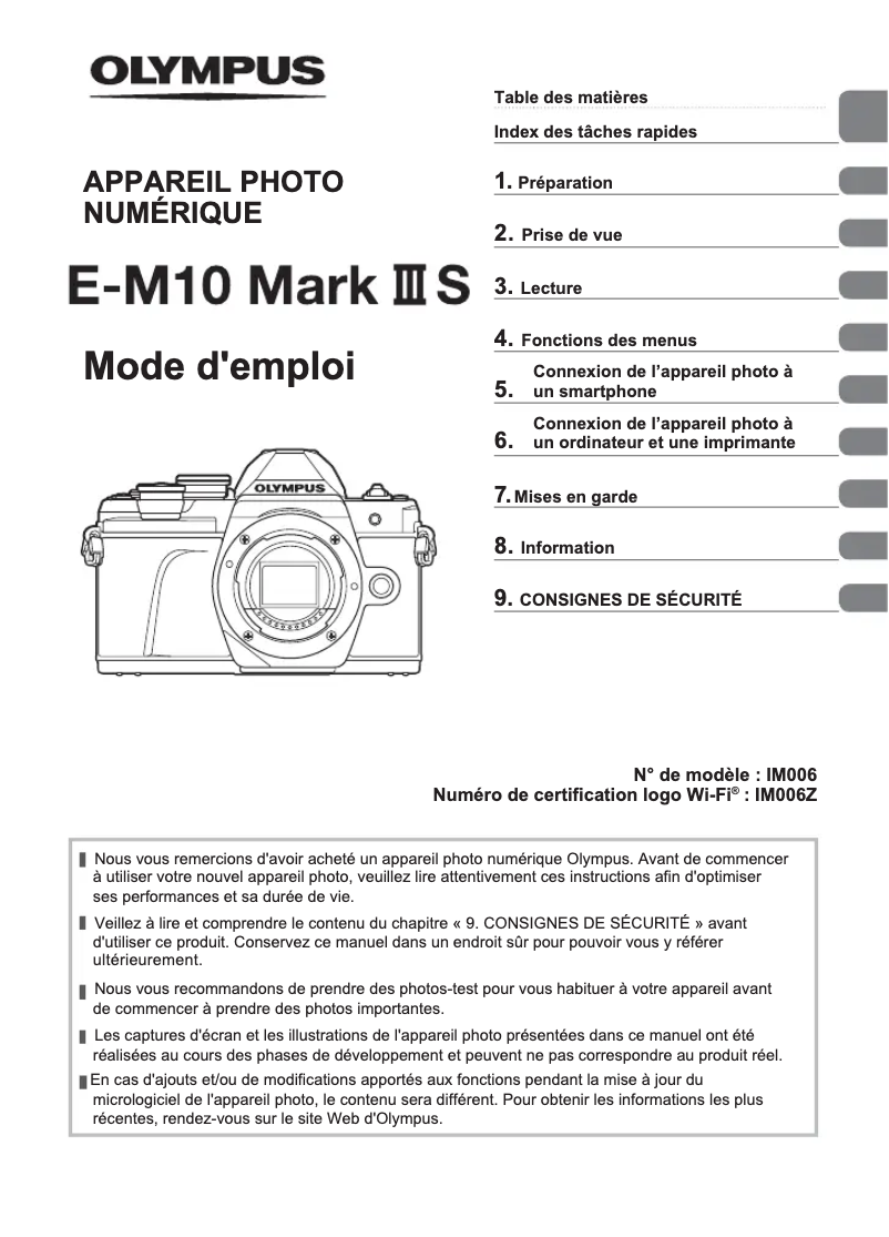 Page 1 de la notice Manuel utilisateur Olympus E-M10 Mark III S
