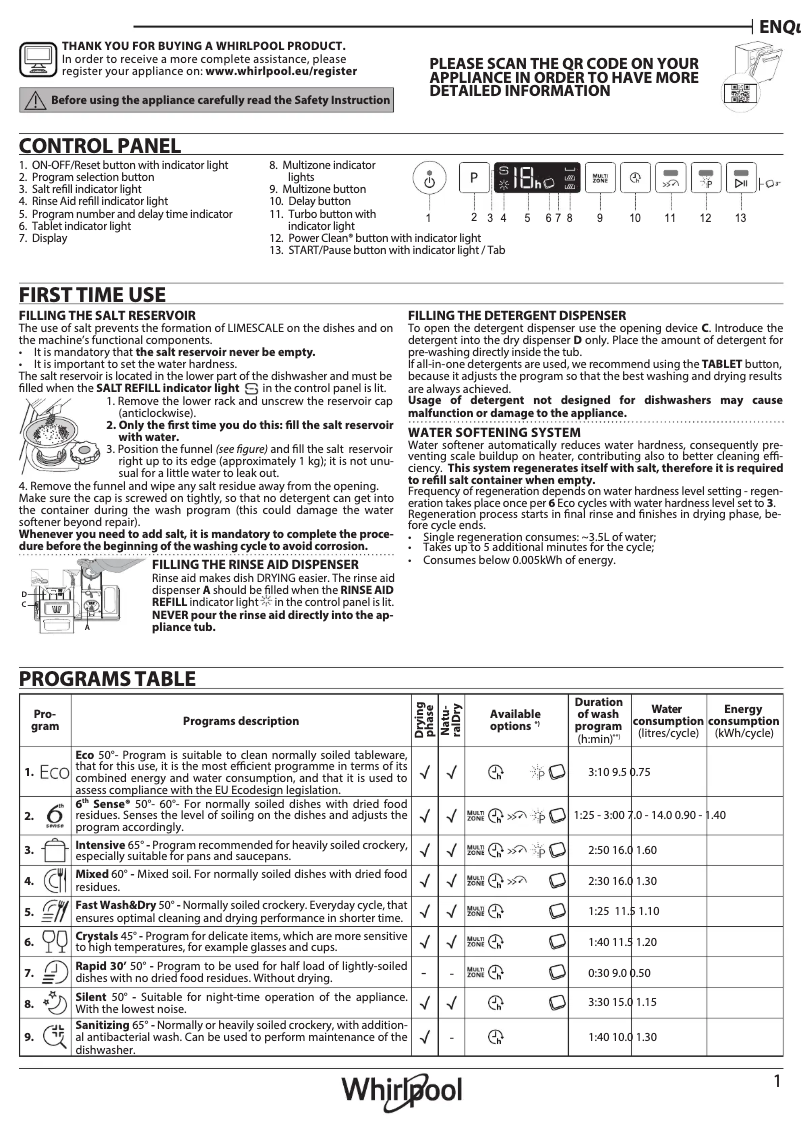 Page 1 de la notice Manuel utilisateur Whirlpool W0I D741A S