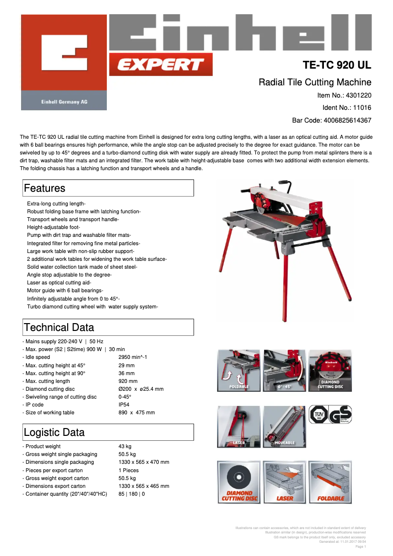 Page 1 de la notice Fiche technique Einhell TE-TC 920 UL