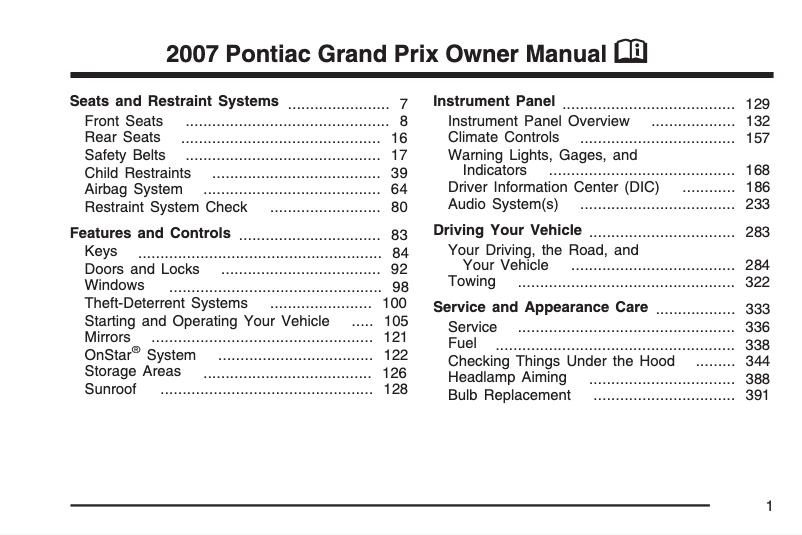 Page 1 de la notice Manuel utilisateur Pontiac Grand Prix (2008)