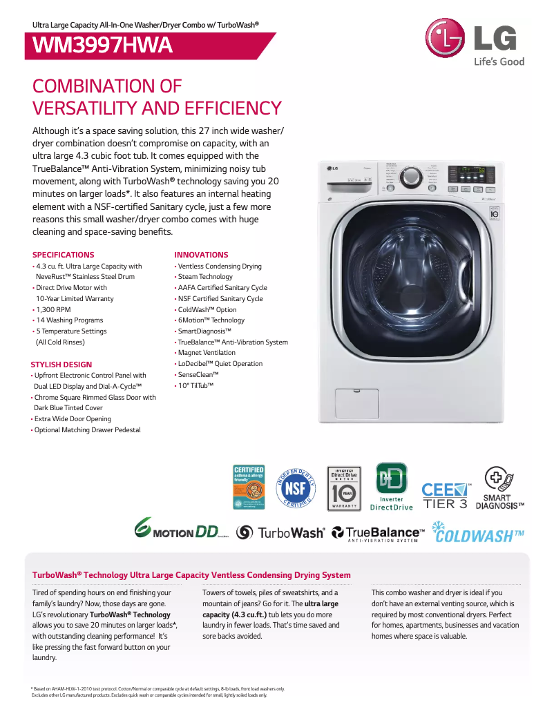 Page 1 de la notice Fiche technique LG WM3997HWA