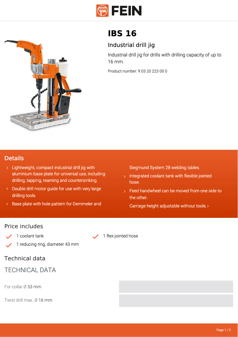 Page 1 de la notice Fiche technique Fein IBS 16