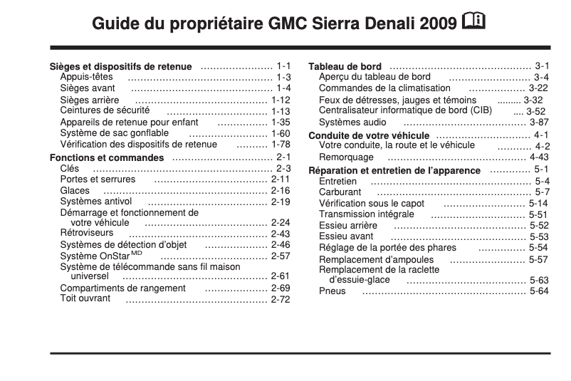 Page 1 de la notice Manuel utilisateur GMC Sierra (2009)