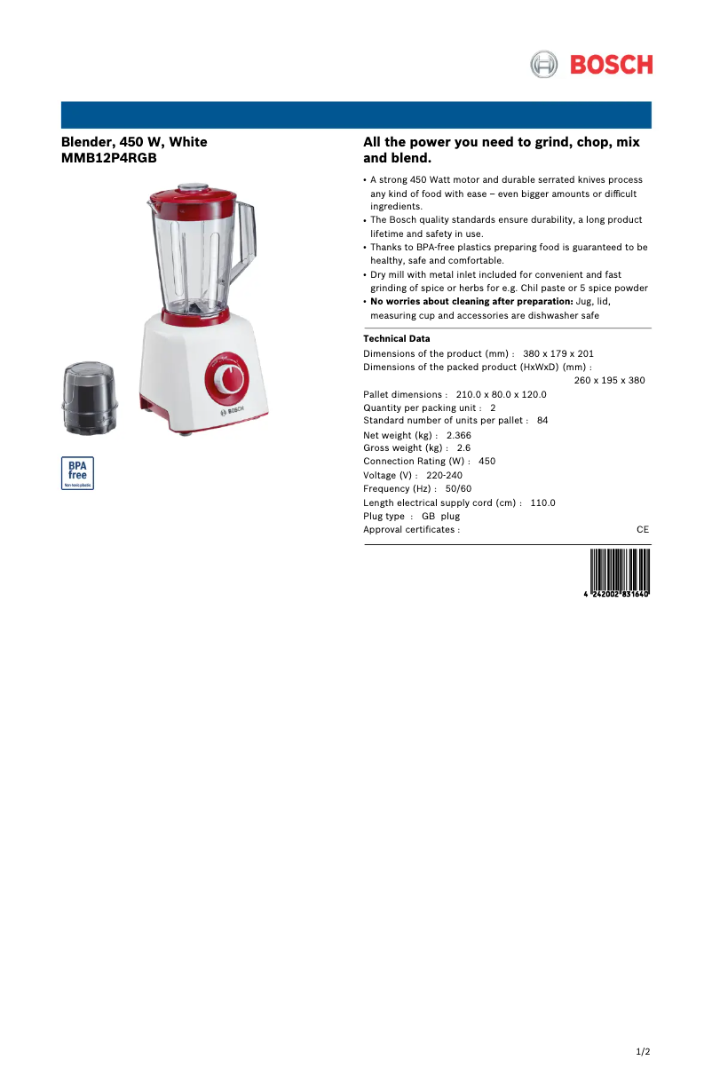 Page 1 de la notice Fiche technique Bosch MMB12P4RGB