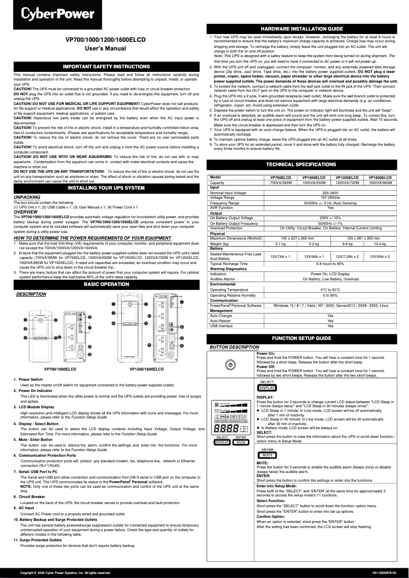 Page n°1 - Manuel utilisateur CyberPower VP700ELCD