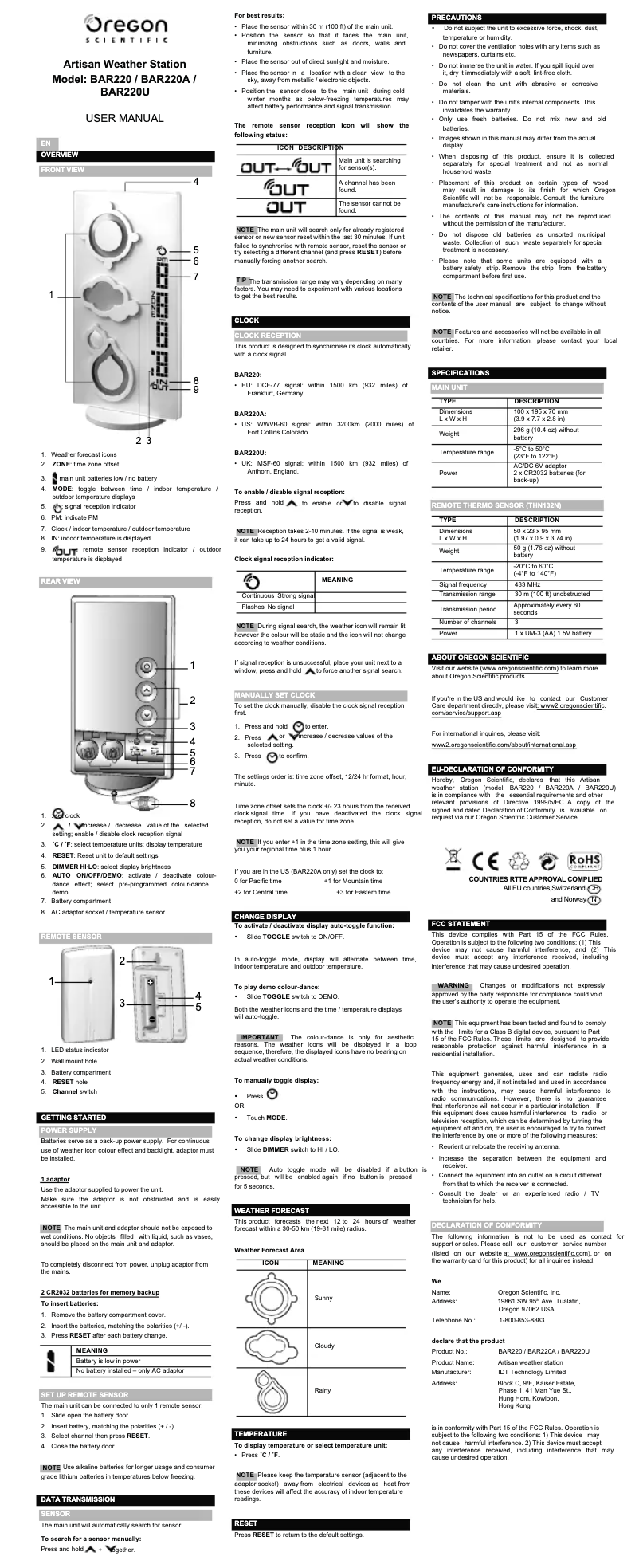 Page 1 de la notice Manuel utilisateur Oregon Scientific BAR 220