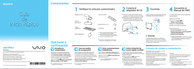 Página 1 del manual Guía de instalación Sony Vaio VPCL211FX