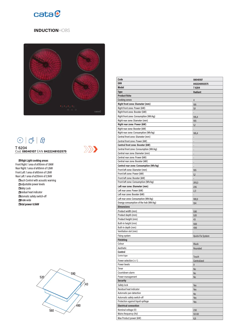 Page 1 de la notice Fiche technique CATA T 6204