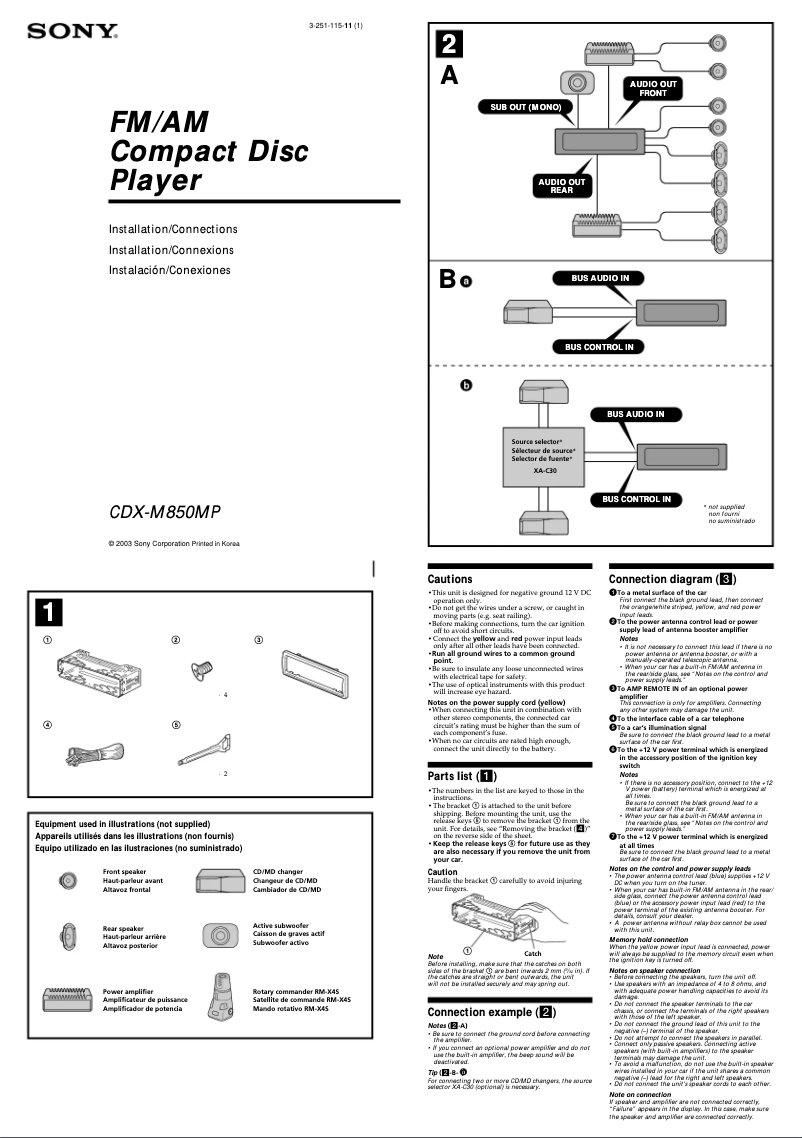 Page 1 de la notice Guide d'installation Sony CDX-M850MP