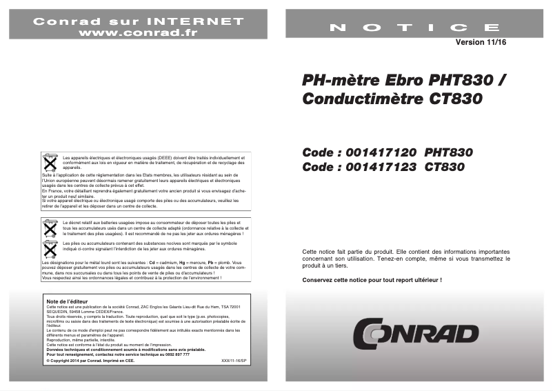 Page 1 de la notice Manuel utilisateur Ebro PHT 830