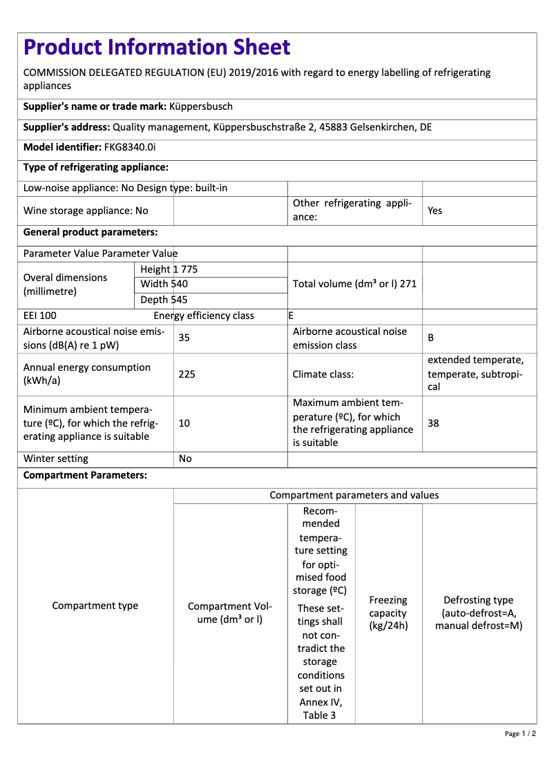 Page 1 de la notice Label énergétique Küppersbusch FKG8340.0i