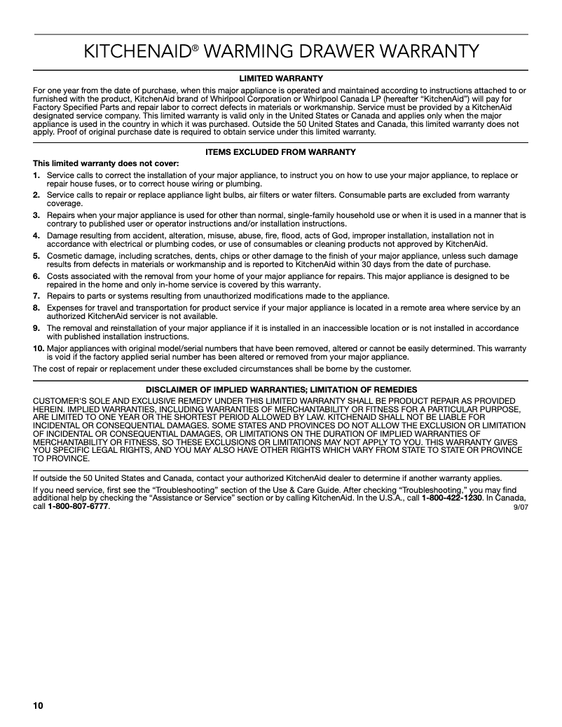 Page 1 de la notice Informations de garantie KitchenAid KOWT100ESS