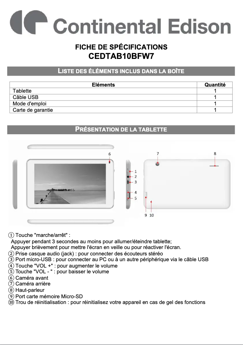 Page n°1 - Fiche technique Continental Edison CEDTAB10BFW7