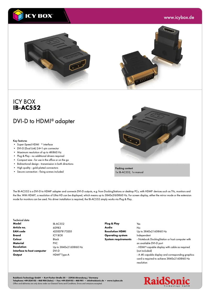 Page 1 de la notice Fiche technique Icy Box IB-AC552