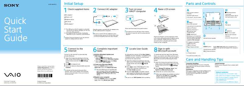 Page 1 de la notice Guide d'installation Sony Vaio Duo 13 SVD13215CDW