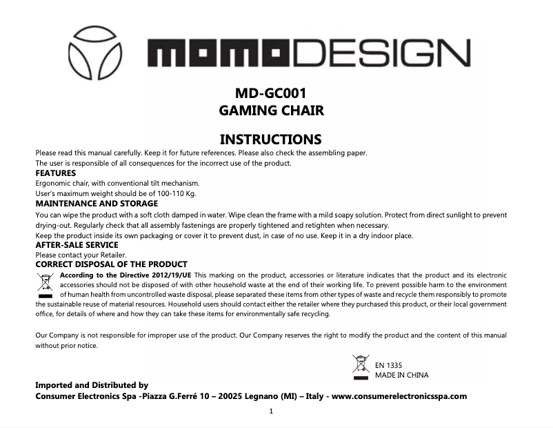 Page 1 de la notice Manuel utilisateur Momo Design MD-GC001