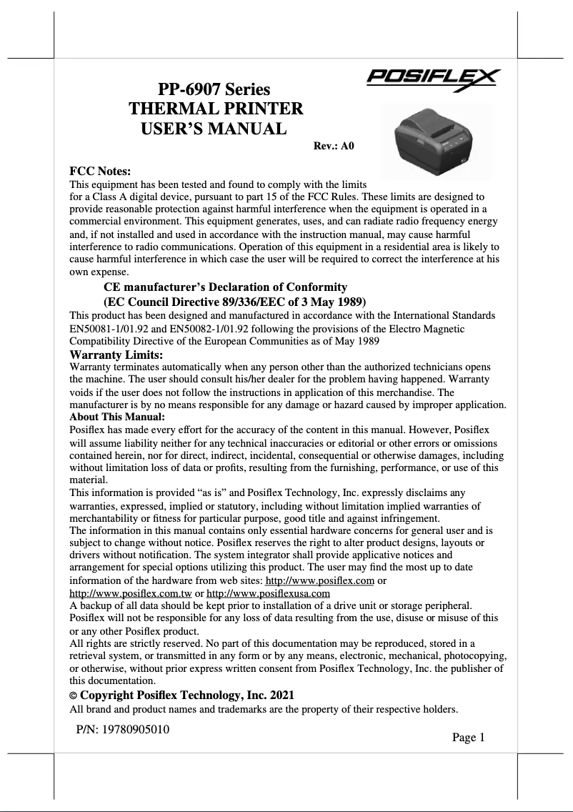 Page 1 de la notice Manuel utilisateur Posiflex AURA PP-6907W