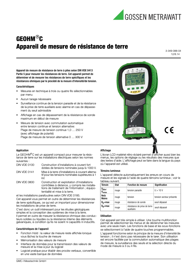 Page n°1 - Fiche technique Gossen Metrawatt GEOHM C