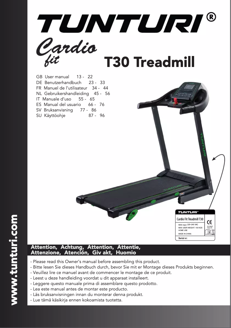Page n°1 - Manuel utilisateur Tunturi Cardio Fit T30