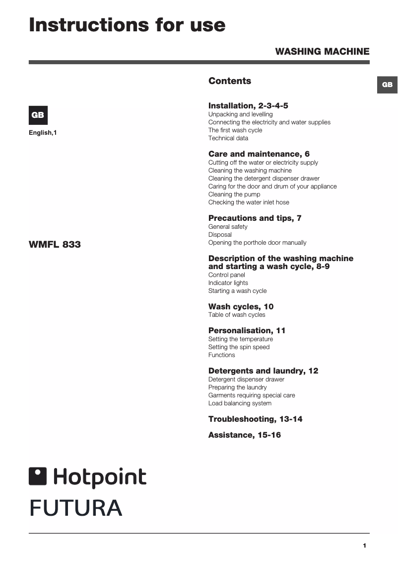 Page 1 de la notice Manuel utilisateur Hotpoint Ariston WMFL833