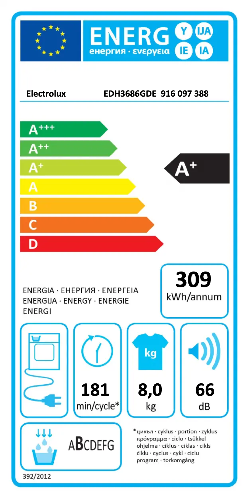 Page 1 de la notice Label énergétique Electrolux EDH3686GDE