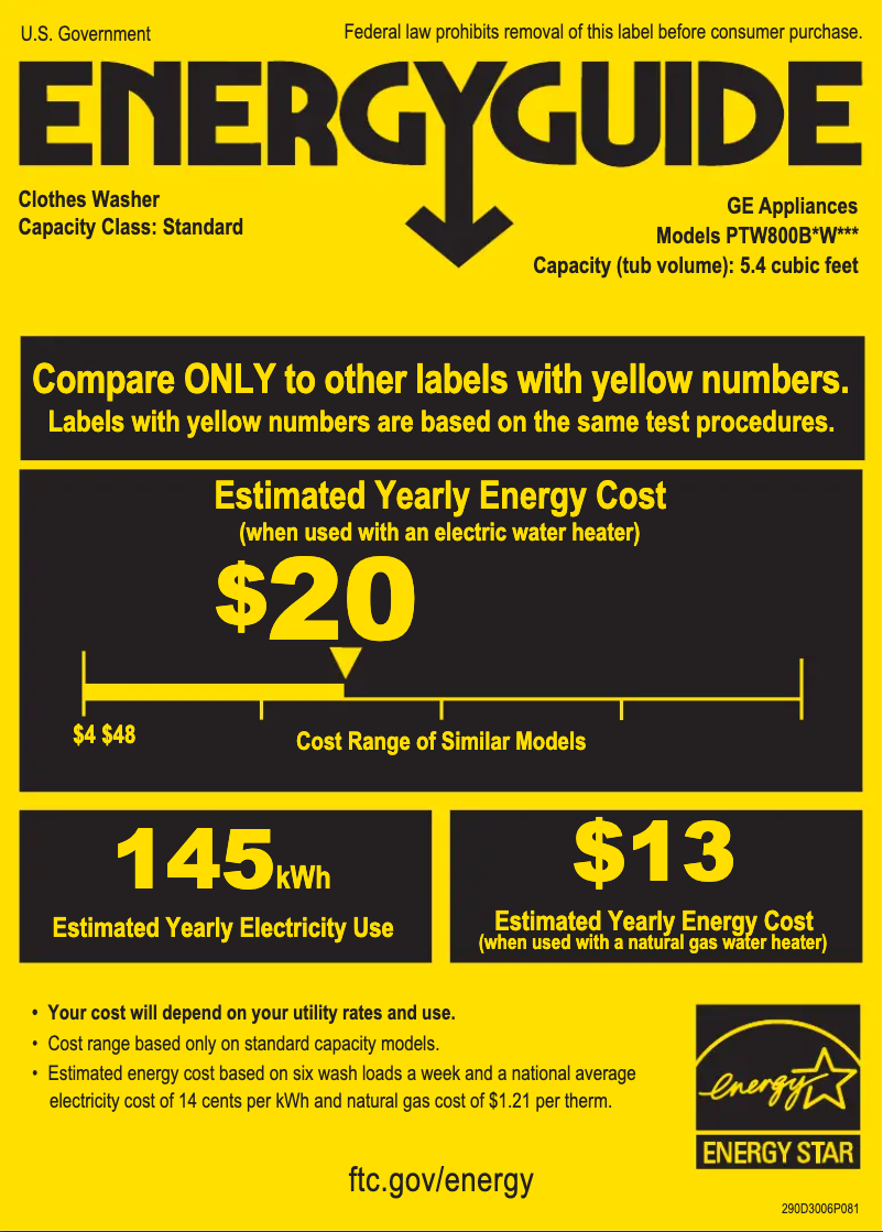 Page 1 de la notice Label énergétique GE PTW800BPWRS
