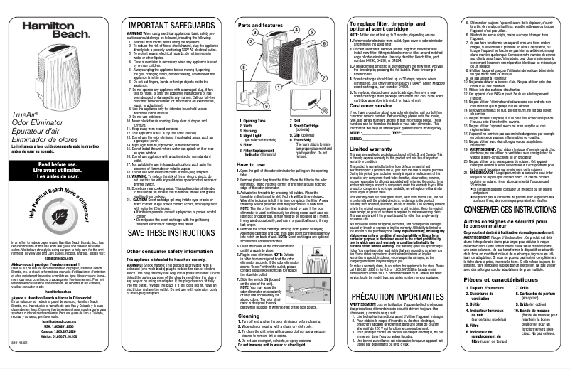 Page 1 de la notice Manuel utilisateur Hamilton Beach TrueAir 04530G