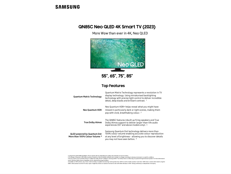 Page 1 de la notice Fiche technique Samsung QA75QN85CAW