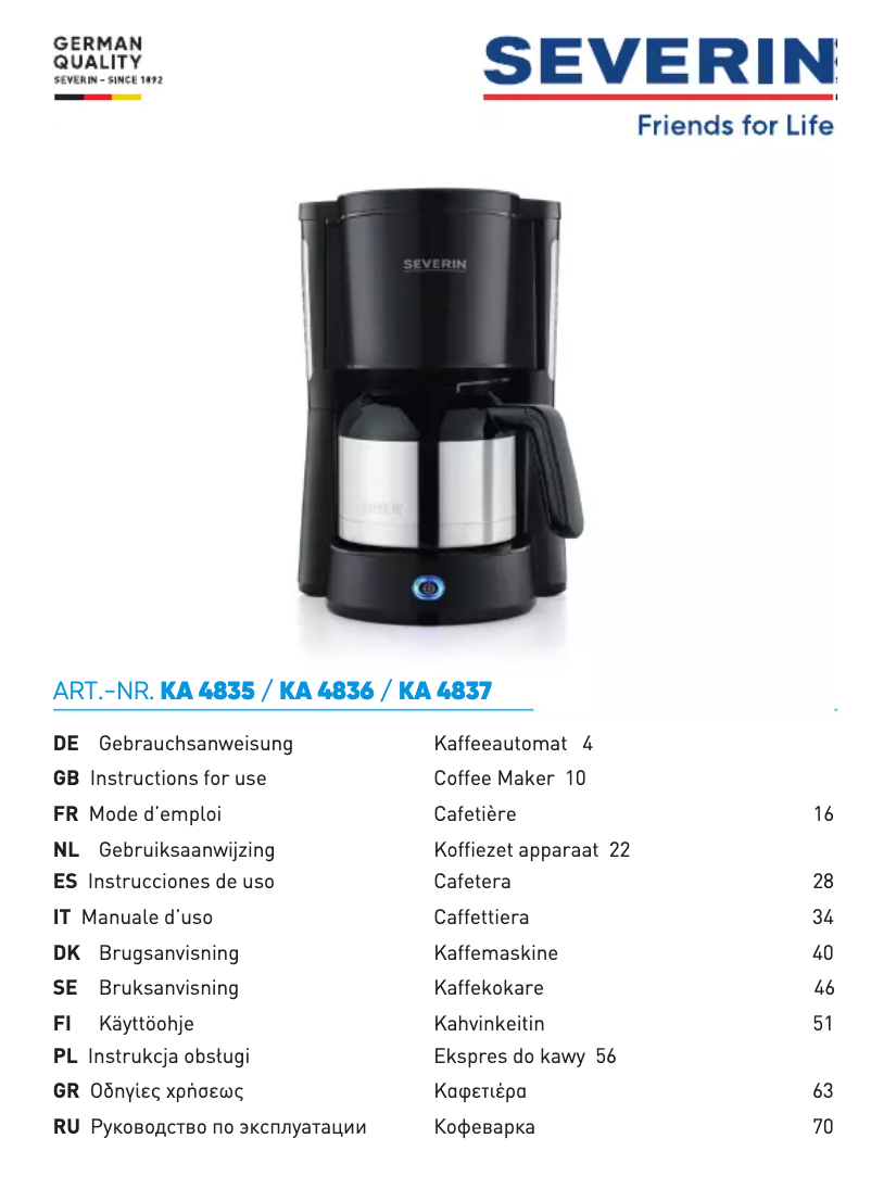 Page 1 de la notice Manuel utilisateur Severin KA 4835