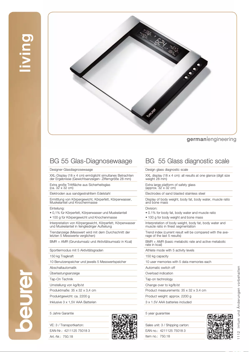 Page 1 de la notice Fiche technique Beurer BG 55