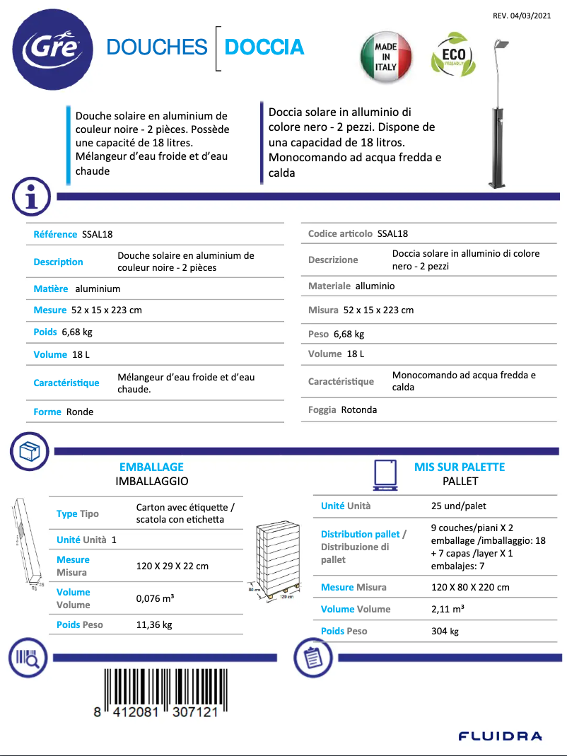 Page 1 de la notice Fiche technique Gre SSAL18